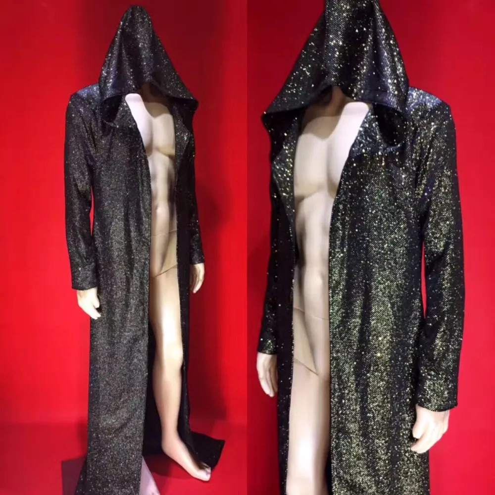 

Black Gold Bright Bronzing Drill Powder Men's Long Design Jacket Male Singer Dj Ds Bar Nightclub Stage Show Cloak Costume Outfit