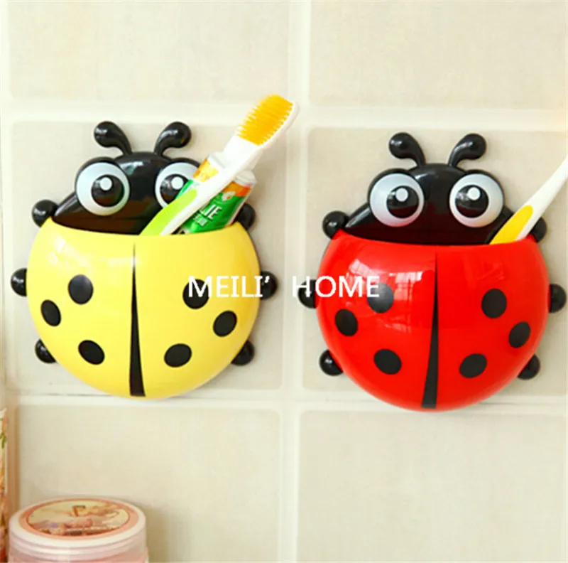 

1pc New Cute Cartoon Toothbrush Holder Yellow/Red/Blue/Green Ladybug Sucker Suction Hook Tooth Brush Holder Bathroom Accessories