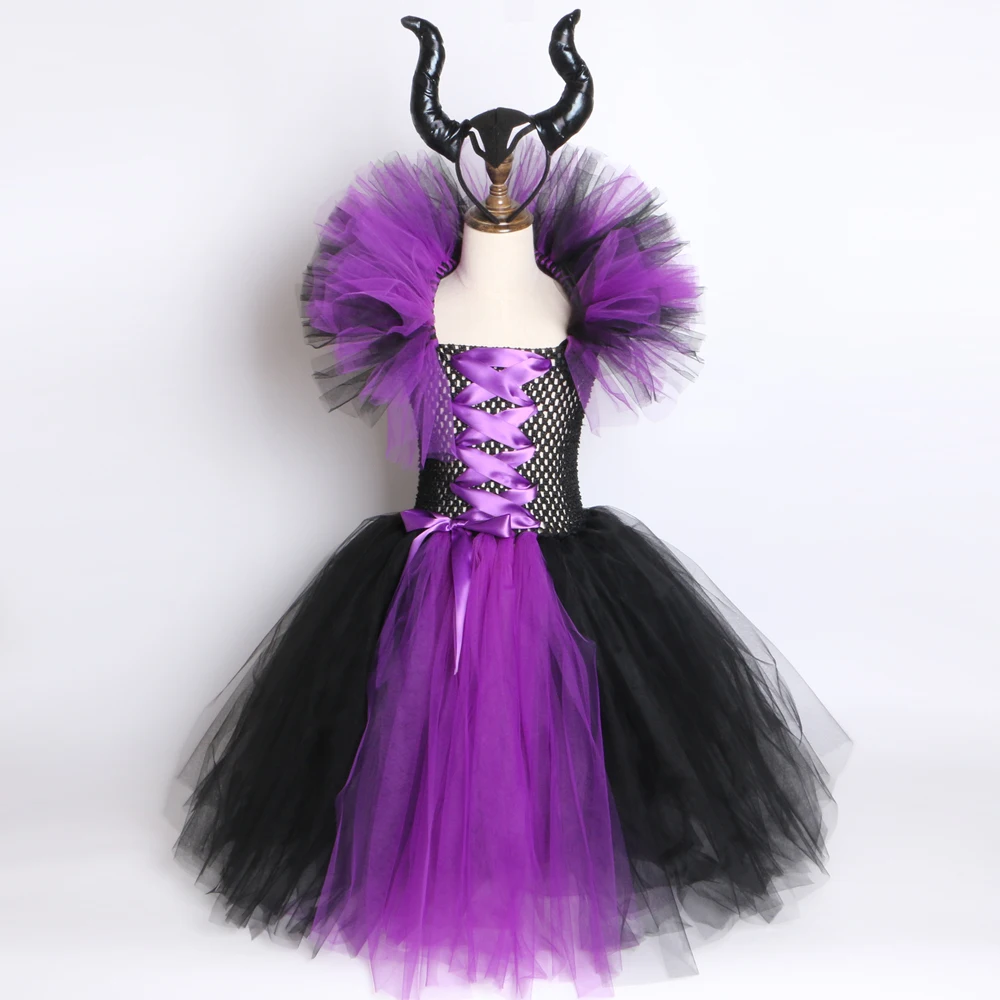 Maleficent of evil queen/юбка-пачка для девочек; платье с рогами; костюм ведьмы на Хэллоуин для костюмированной вечеринки для девочек; детский праздничный костюм