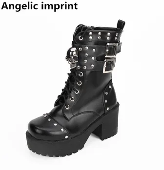 

Angelic imprint mori girl Women shoes lady lolita cool punk motorcycle Boots woman high heel pumps platform shoes 35-40 rivets