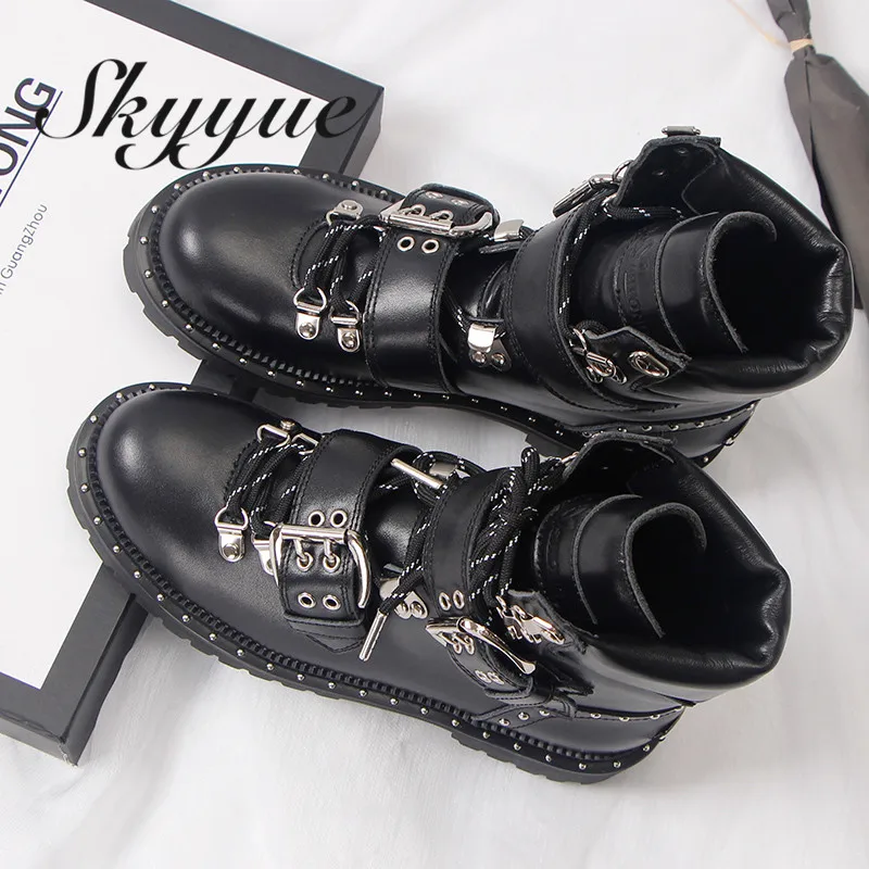 

SKYYUE Genuine Leather Metal Studded Women Ankle Boots Round Toe Hoof Heel Gladiator Lace Up Women Winter Boots Shoes Women