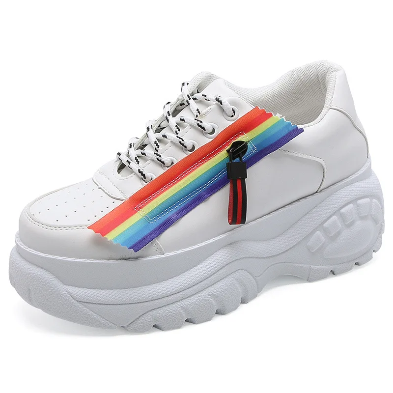 

2019 Women Casual Shoes Rainbow platform brand sneakers dad thick sole High Super Leather White Girl Woman Tennis moda mujer