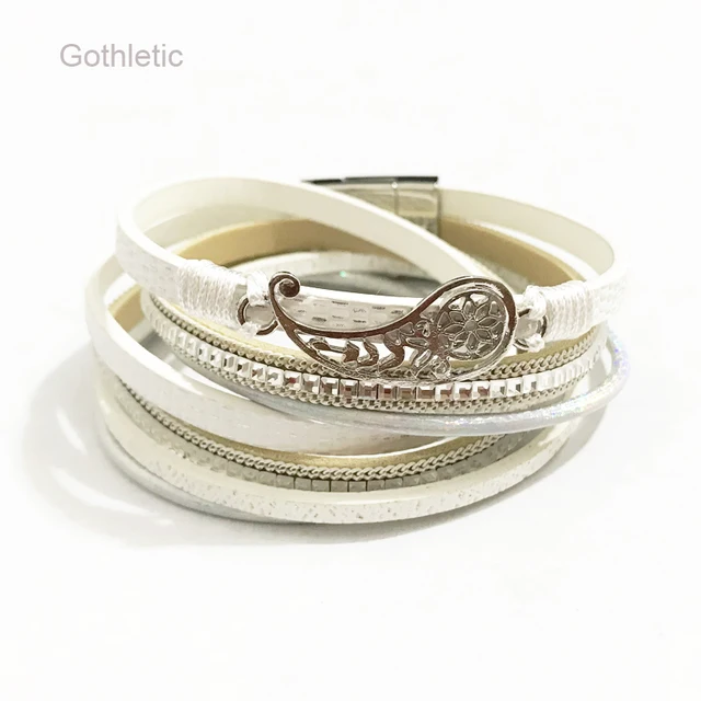 Gothletic Rhinestone White Leather Wrap Bracelets Filigree Leaf Gothletic Rhinestone White Leather Wrap Bracelets Filigree Leaf Charm Multilayer Bangles Women S Fashion Jewelry