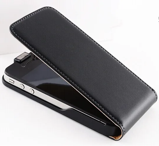New ! Retro Real Genuine Leather Case for iPhone 4 4S 4G / 5 5S 5G Luxury Vertical Magnetic Flip Phone Accessories Cover Black