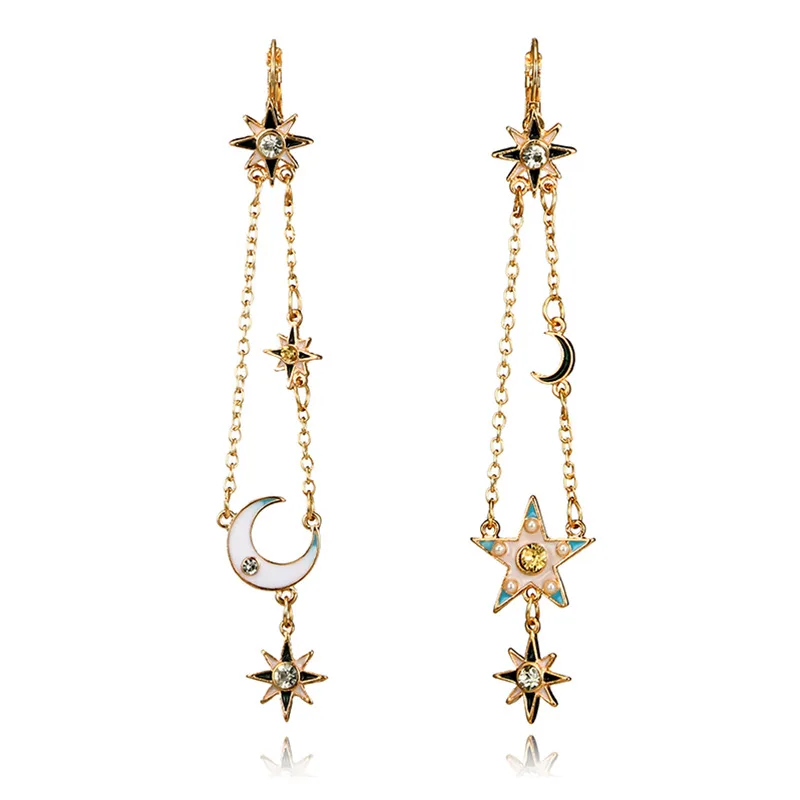 

i-Remiel New Jewelry Retro Pentagram Moon Tassel Dangle Earring Geometric Alloy Five-pointed Star Galaxy Drop Earrings for Women