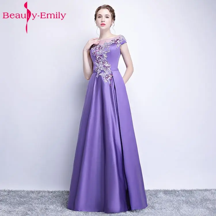 Beauty Emily New Banquet Purple Long Evening Dresses 2019 Lace Formal Robe De Soiree Occasion Party Prom Dresses Satin