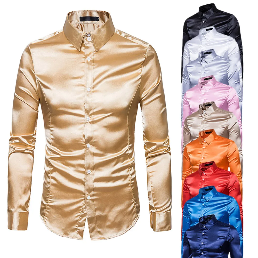Модная индивидуальная Мужская Повседневная тонкая рубашка с длинными рукавами Топ Блузка десять цветов 2XL Золото многоцветный модное повседневное обтягивающее платье