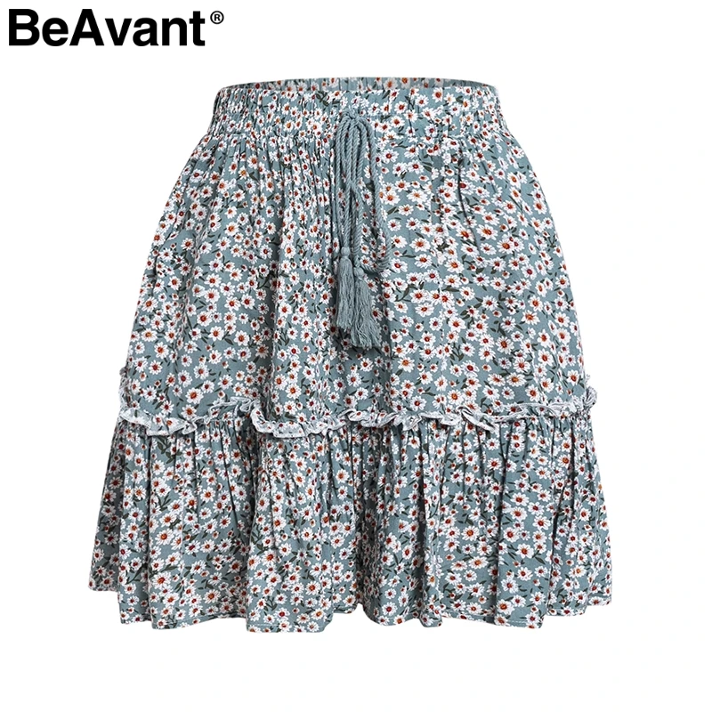 BeAvant Boho летняя плиссированная мини-юбка женская короткая юбка в горошек с высокой талией розовая трапециевидная шифоновая юбка с цветочным принтом и рюшами - Цвет: Зеленый