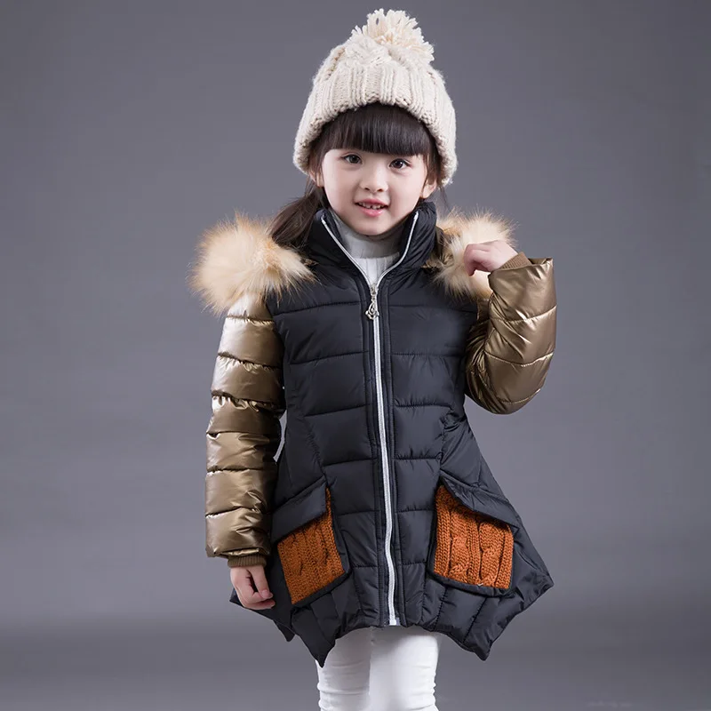 New Children Cotton Coat Girls Winter Cotton Padded Jacket Thick Cotton Fur Collar Girls Outwear