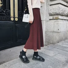 New Korean Autumn Knitted Skirts Women Chic Elegant High Waist Elastic Striped Pleated Skirt Female Solid Package Hip Saias