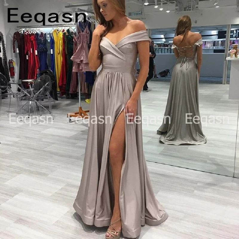 

robe soiree Evening Dress 2019 Sliver Off the Shoulder Corset Side Slit Stretch Satin A-Line Party Gown Formal Dress for Women