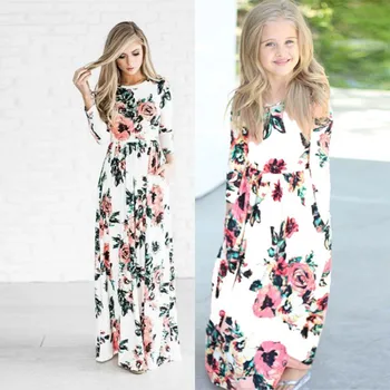 

Mother Daughter Dresses Mama Girls Baby Maxi Long Dress 2018 plus size 2XL Long Sleeve Floral Family Look Mom and Daughter Dress