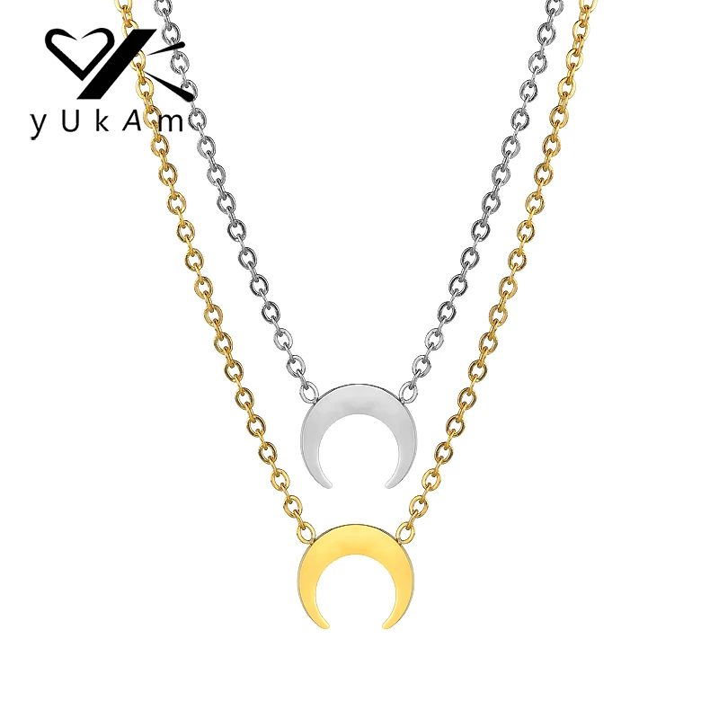

YUKAM Jewelry Silver Gold Stainless Steel Curved Crescent Half Moon Chokers Necklaces Double Ox Horn Pendant Necklaces for Women