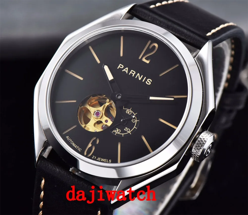 جديد Parnis الأسود مضيئة التلقائي الميكانيكية الرجال ووتش الياقوت الكريستال جديد Parnis الأسود مضيئة التلقائي الميكانيكية الرجال ووتش الياقوت الكريستال