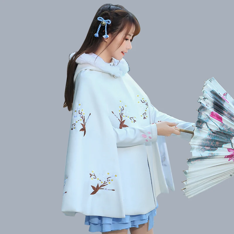 

White Embroidery Hooded Capes ponchos for women Wool Coats lady Single Button Asymmetric Length sweet girl hanfu Ponchos