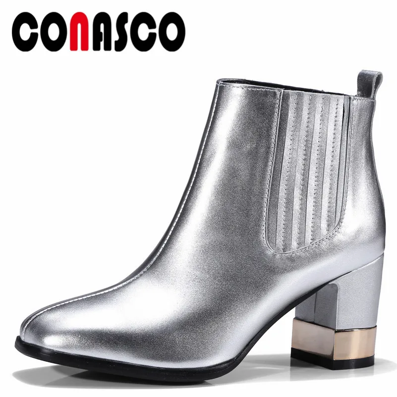 

CONASCO Punk Women Genuine Leather Autumn Winter Warm Ankle Boots Thick Heeled Short Martin Shoes Woman Motorcycle Boots