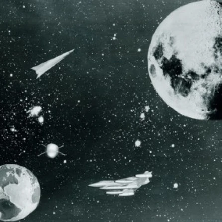 Spaceships traveling between planet Earth and moon Poster Print (18 x 24)
