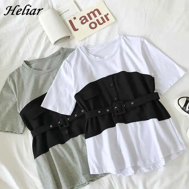 

HELIAR Women O-Neck T-shirt Chic Buttons Tshirt With Belts Summer Short Sleevep Patchwork Seches Camiseta Feminina TEE For Women