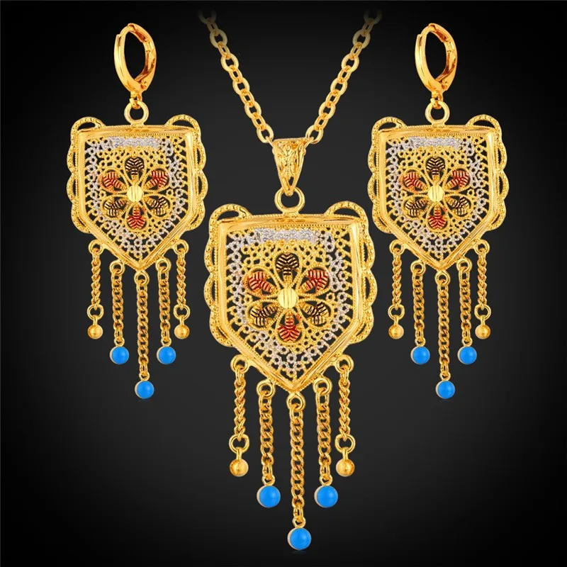 Индийские ювелирные изделия серьги и ожерелье набор модный золотого цвета Винтаж кисточкой Висячие Серьги Комплекты украшений для женщин PE893