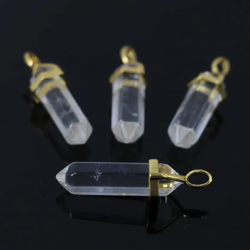 

10pcs/lot Natural Clear Crystal Hexagon Point Pendant,Godl Plated Clear Quartz double points,Stick Reiki Chakra copper Pendants