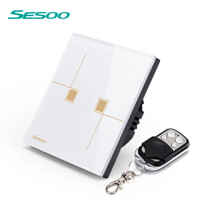 SESOO EU UK Standard Remote Control Switches 2 Gang 1 Way Crystal Glass Switch Panel Remote