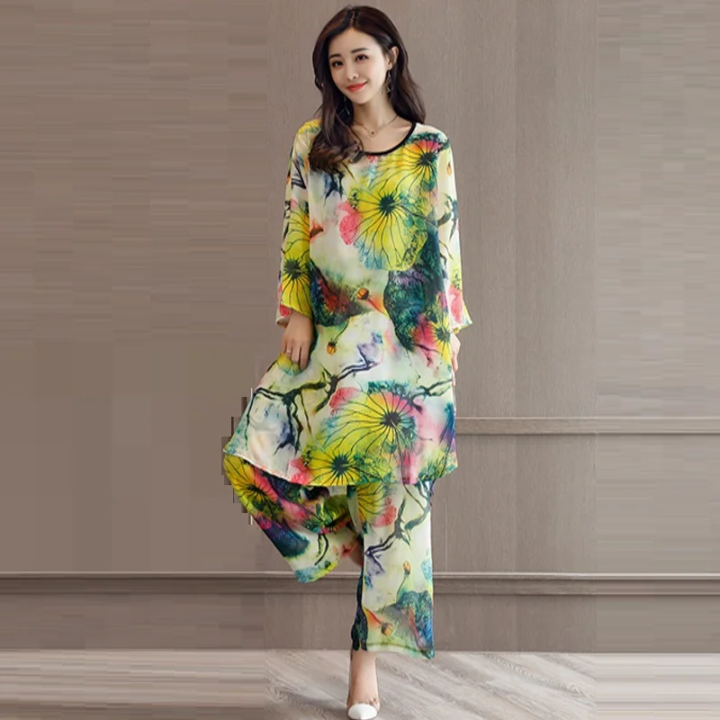 

2018 Spring New Fashion Elegant national Floral print Women Loose Pant Suit 2 Piece Set Women Long Blouse And Wide Leg Pants