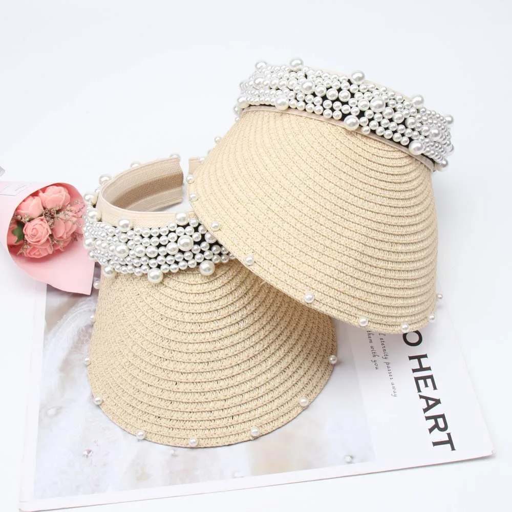 

Hats/Caps Pearl Empty Sun Hats For Women Ladies Girl Sunscreen Braided womens Straw Hat Travel Beach Visor Elegant Sun Cap Women