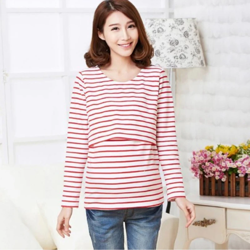 OkayMom Maternity Nursing Shirt Clothes Cotton Striped Breastfeeding