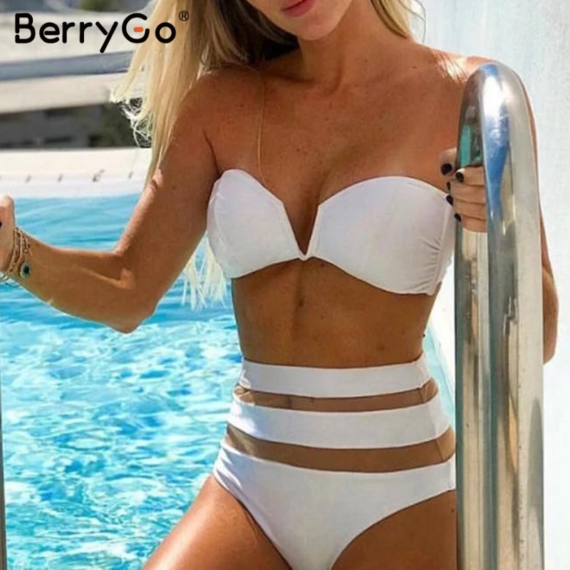 BerryGo بيكيني للشاطئ النساء مايوهات مثير 2 قطعة ارتداءها شبكة مخطط الإناث playsuit انظر من خلال الأسود bodycon ارتداءها 2019