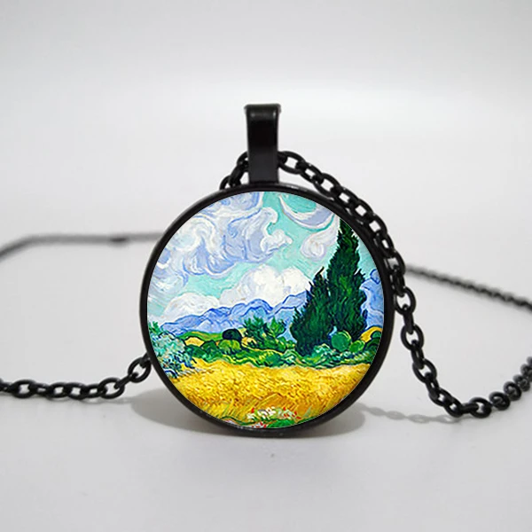 Mens necklace Vintage Van Gogh Wheat Field With Cypress Tree Art Pendant Glass Cabochon Necklace Long Chain Fashion Jewelry.
