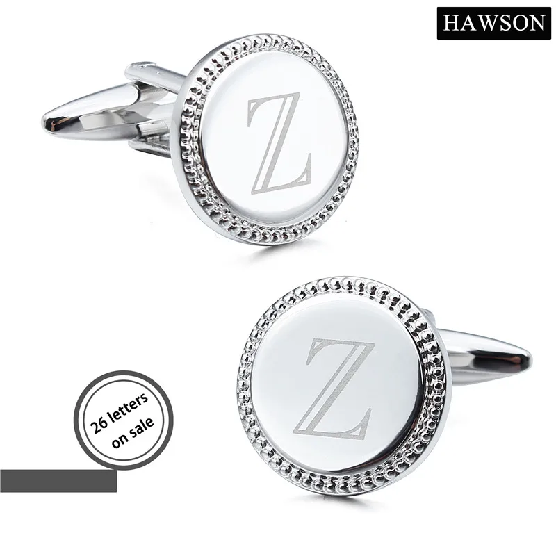

Drop Shipping Men French Laser Cufflink Alphabet 26 Round Letter Cufflinks for Mens Accessories High Quality