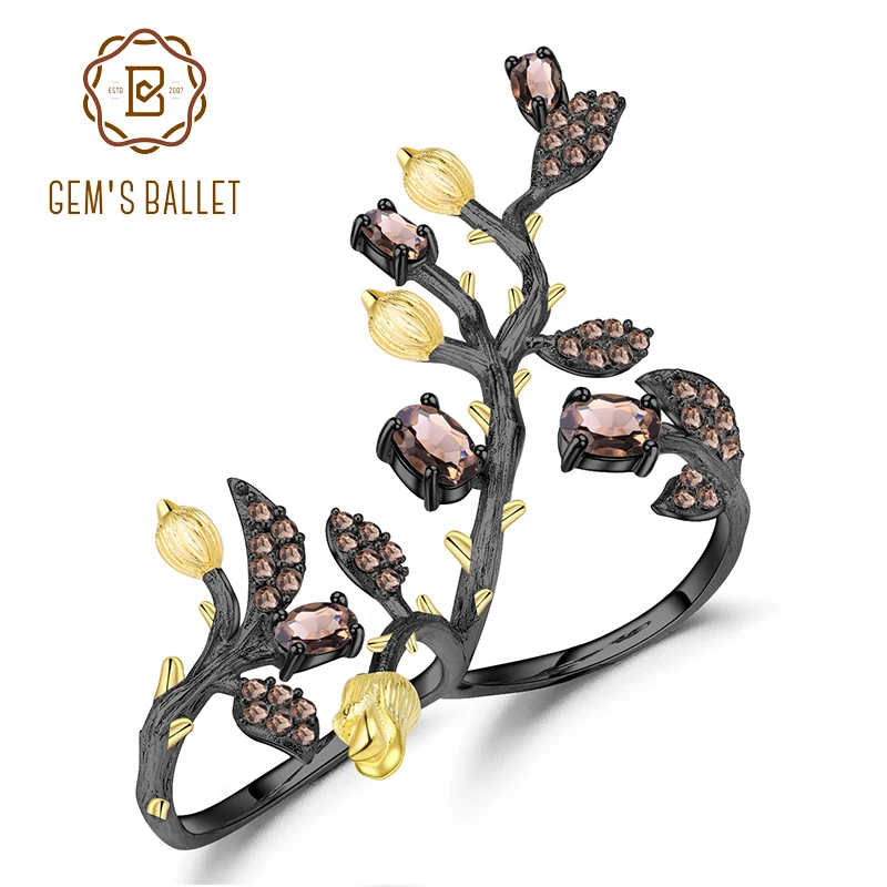 

GEM'S BALLET 1.57Ct Natural Smoky Quartz Adjustable Ring Statement 925 Sterling Silver Branch Tree Double Finger Rings for Women