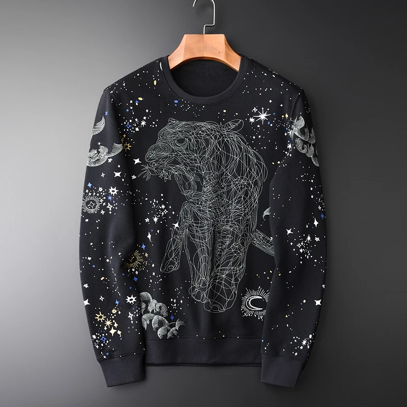 

Minglu 100% Cotton Sweatshirt Men Luxury Allover Printed Fashion Round Collar Sweatshirt Male Black Spring Slim Fit Mens Hoodies