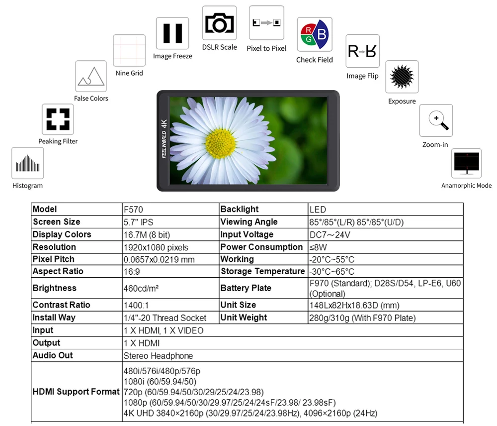 Feelworld F570 5," ips Full HD 1920x1080 4K HDMI накамерный полевой монитор для Canon Nikon sony DSLR камеры Gimbal Rig