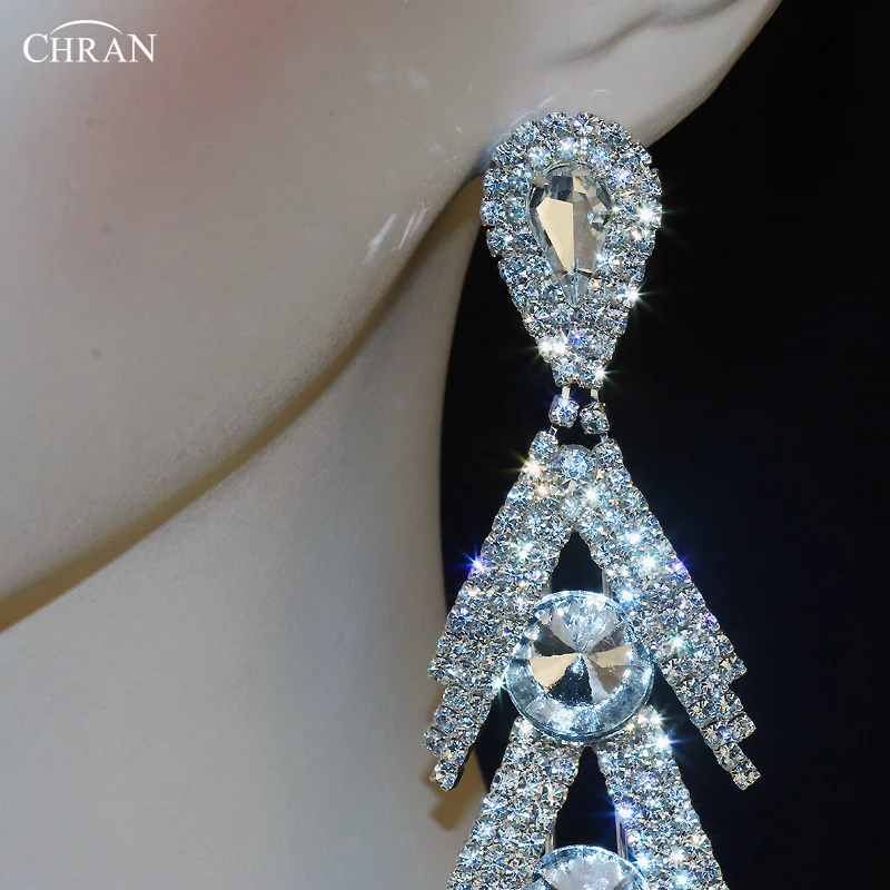 CHRAN Gold Silver Color Sparkling Rhinestone Long Tassel Earrings for Women Exaggerated Crystal Dangle Drop Earrings Jewelry