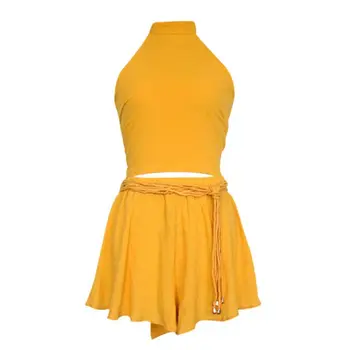 

Summer Sexy Halter Women Sets Off Shoulder Solid Knitted Two Pieces Beach Sets Crop Tops and Shorts Casual Suits T4