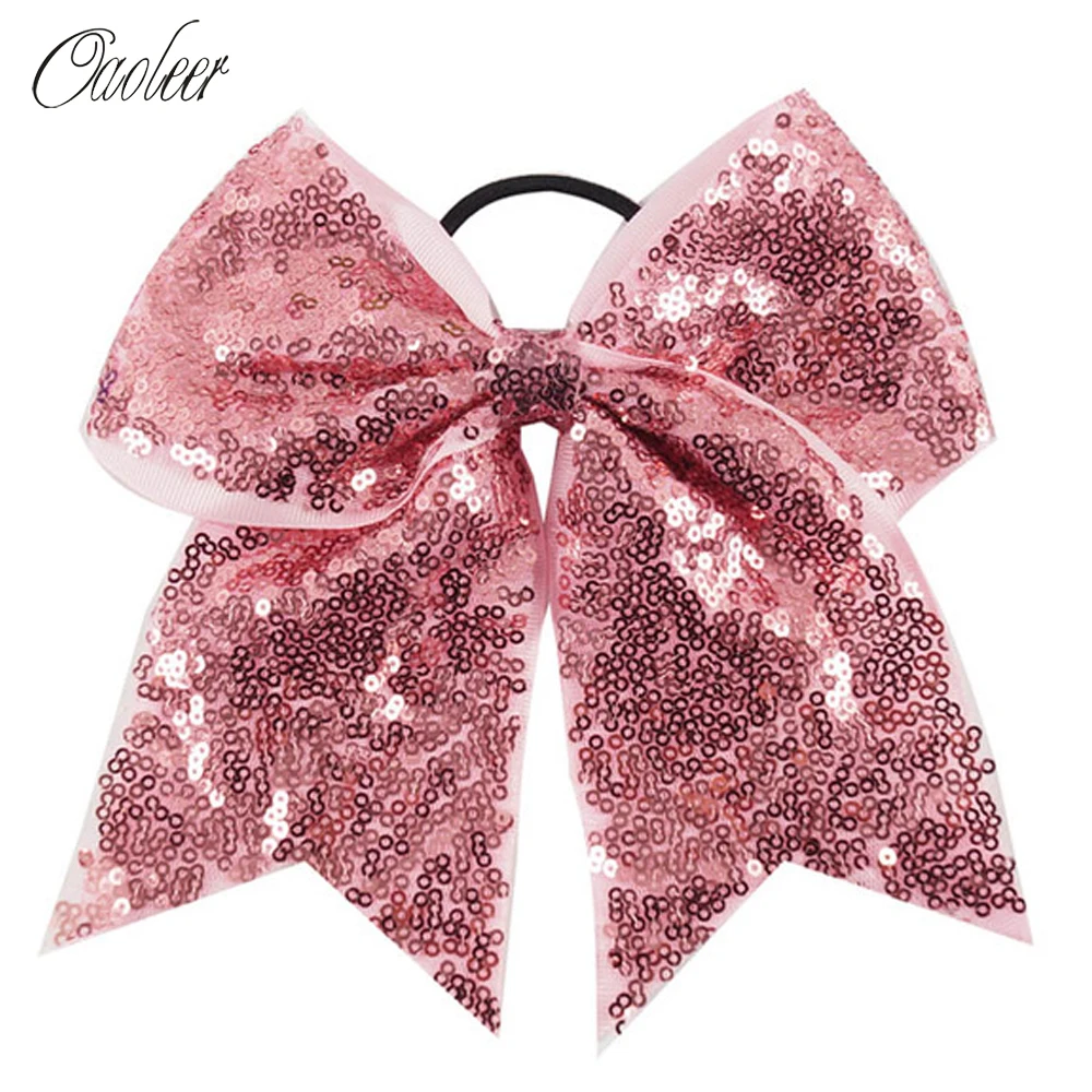 Oaoleer إكسسوارات الشعر مرونة رباط شعر للبنات الترتر فيونكة للزينة 7 بوصة مزدوجة طبقات الشريط التشجيع ماسك الشعر