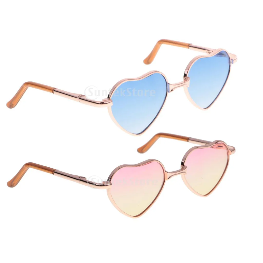 2 Pair Cute Gradient Colored 1/6 Heart Shaped Doll Glasses For 12 inch Blythe Doll Gold Frame, Pink+Blue