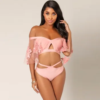 

Top Quality Pink Lace Cute Sheath Rayon Bandage Bodysuit Beach Holiday Swimsuit