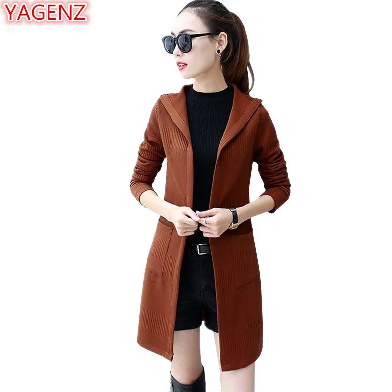 YAGENZ Women Long Cardigan Sweater Coats Autumn Winter Jacket Fashion Female Student Knitting Slim Hooded Coat 721 |