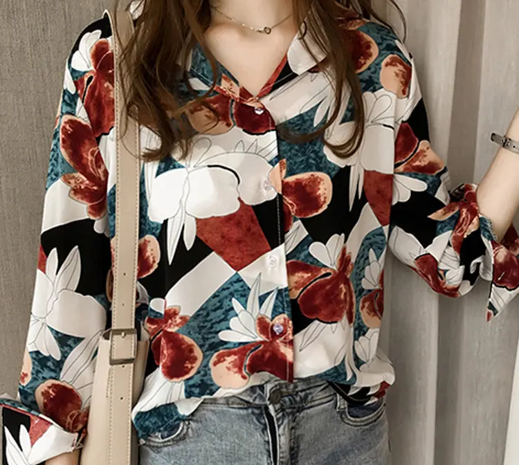 2019 Vintage Print Shirt Femme Plus Size Tops Autumn Women Blouses V-neck Long Sleeve Chiffon Blusas Mujer Chic Chemise Femme (4)
