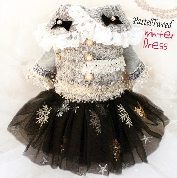

Free shipping high quality elegant C style pastel tweed short vest coat+sequin puffy dog dresses fashion pet clothes