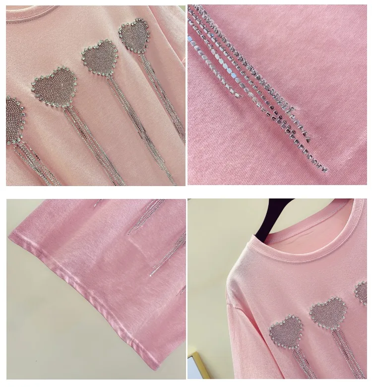 New Love Pattern Summer T-shirt Girls2019 Drill Chain Short-sleeve Candy Color T-shirts Women