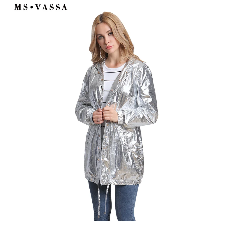 

MS VASSA 2018 New Women Trench Autumn Gloss Silver Fashion Coat Hooded Ladies Adjustable Waist Tops Plus Size Windbreaker