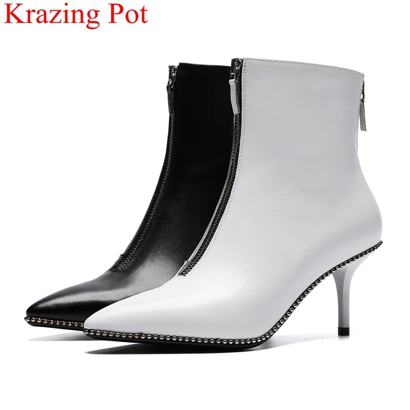 

2018 new arrival pointed toe zipper ankle boots thin heel nightclub brand high heels office lady rivet brand Autumn shoes L83