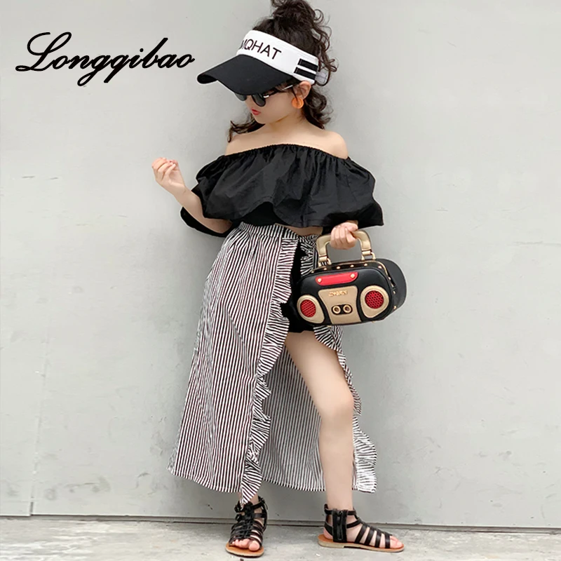 

Baby girl cotton suit summer new word shoulder strapless shirt casual shorts with striped skirt three-piece children's clothes