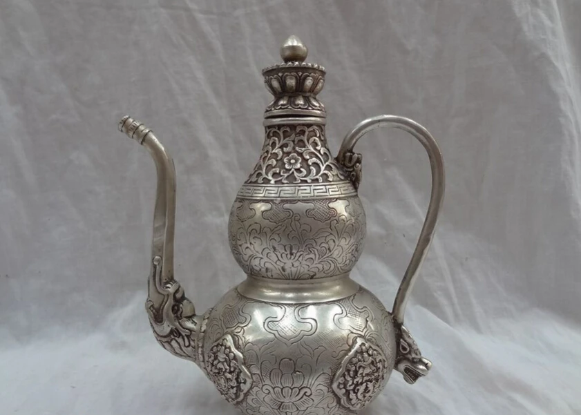 

S4096 8" Chinese Silver Dragon Head Statue 8 Auspicious Symbol Teapot Wine Pot Flagon D0317