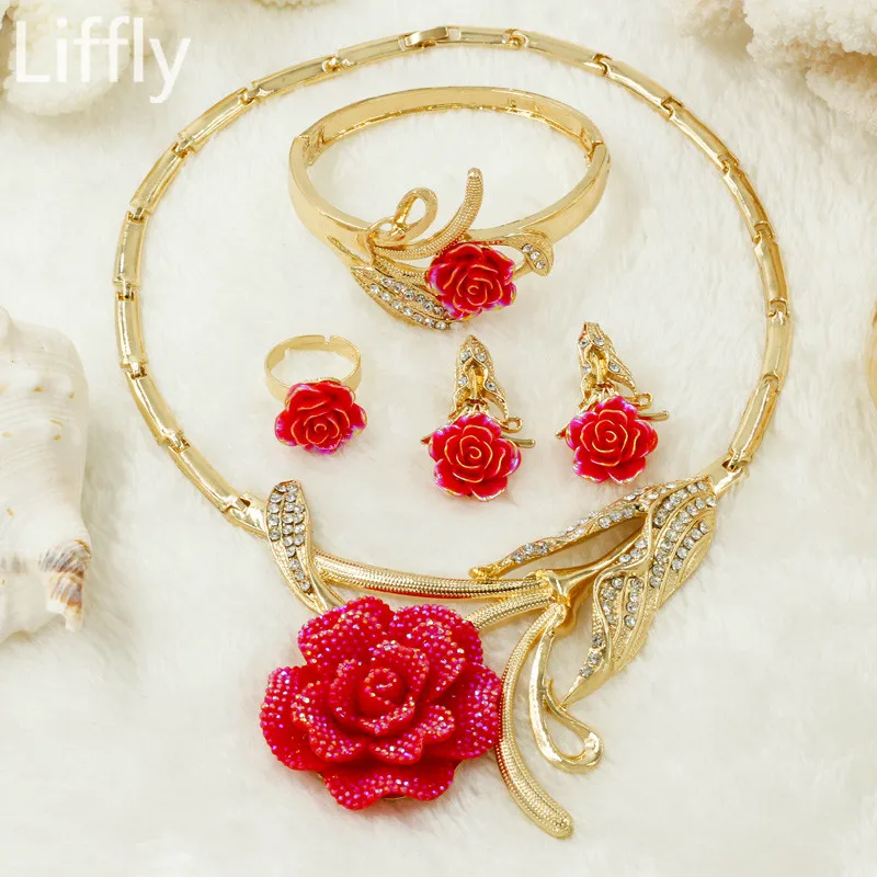 

Fashion Dubai Gold Jewelry Sets Crystal Exaggerate Red Rose Women Necklace Jewelry Accessories Bridal Jewelry Sets