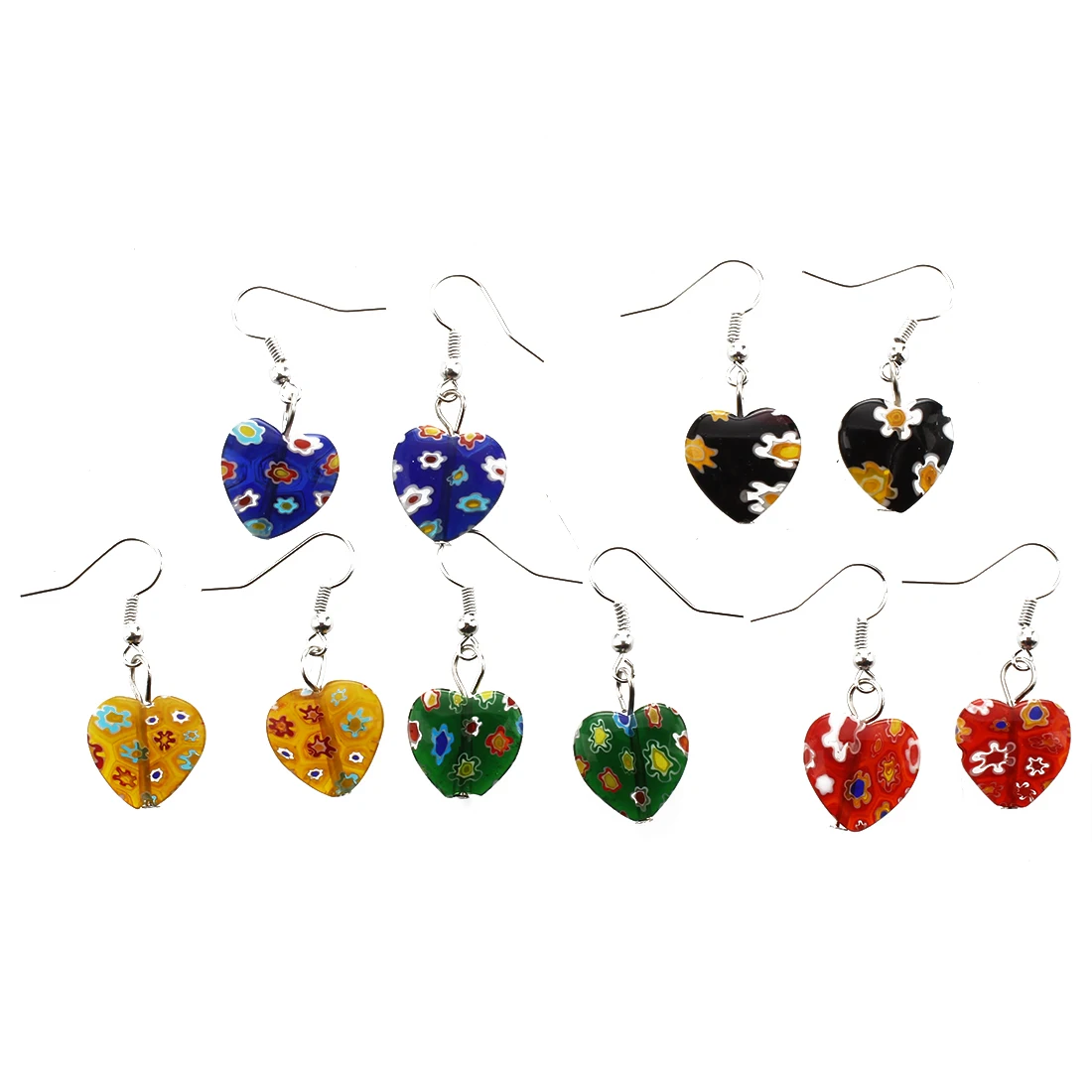 

5 pairs of earrings Murano millefiori pendants heart 16mm