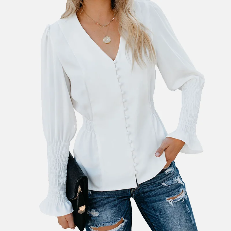 

Women's Solid Cotton Shirt Top Flare sleeve Black Red Elastic Corset Blouses Female V-neck 2019 Summer Autumn Tops Clothes Woman